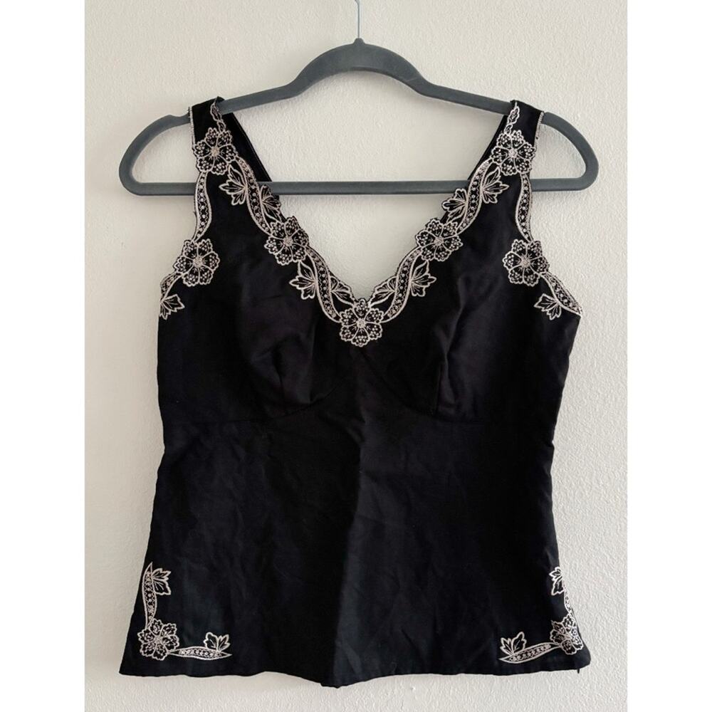 Vintage Linea Black Linen Embroidered Sleeveless Y2K Blouse Size 10